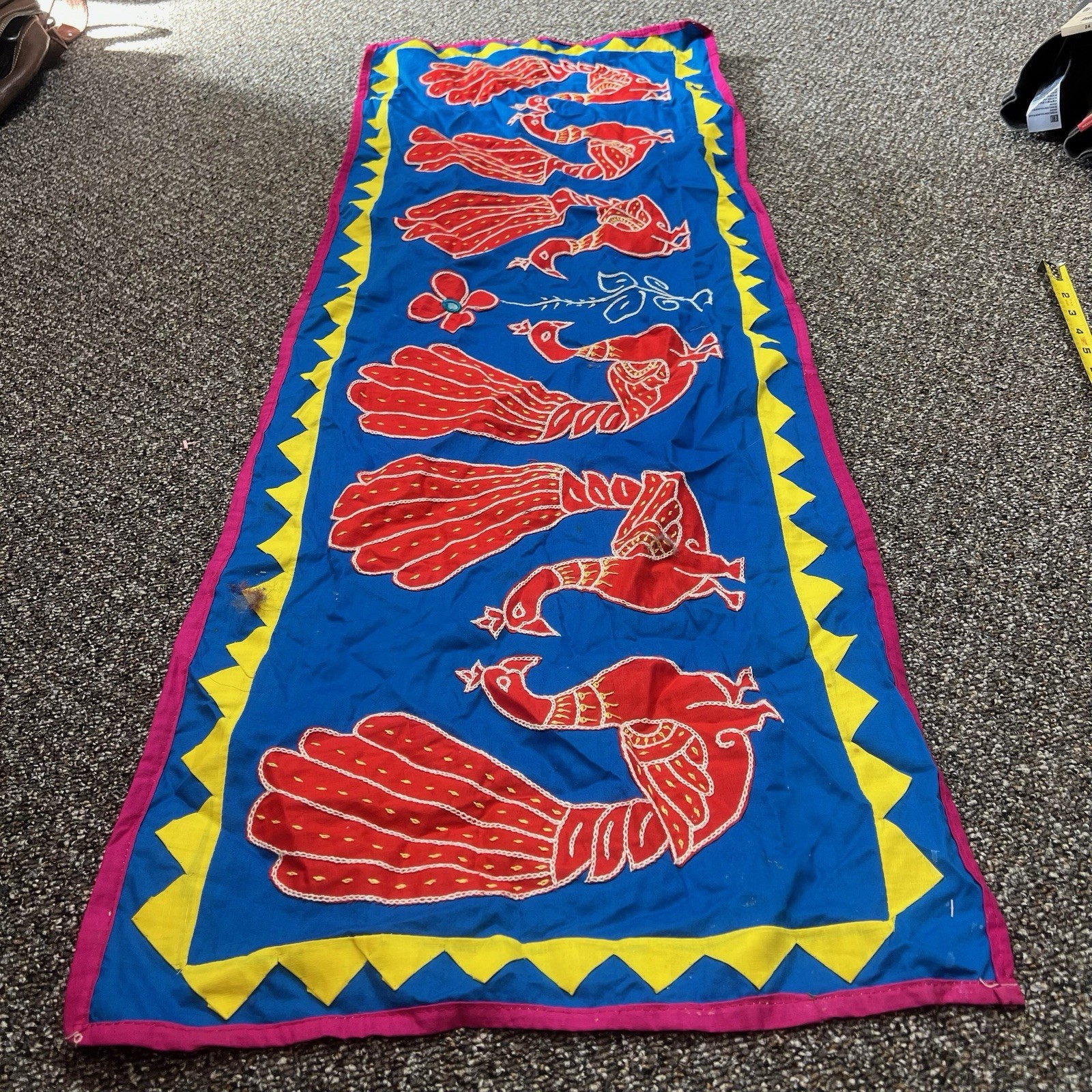 True Vintage 1970s Chainstitch Peacock Tapestry Pink Colorful Blue Rare