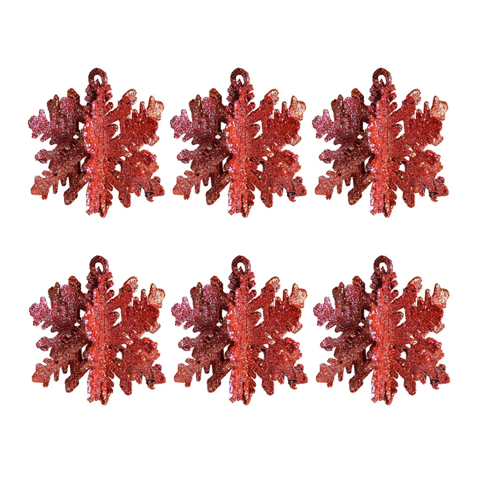 Christmas 3D Glitter Snowflakes 6 Pack 7cm Hanging Tree Decorations - Red