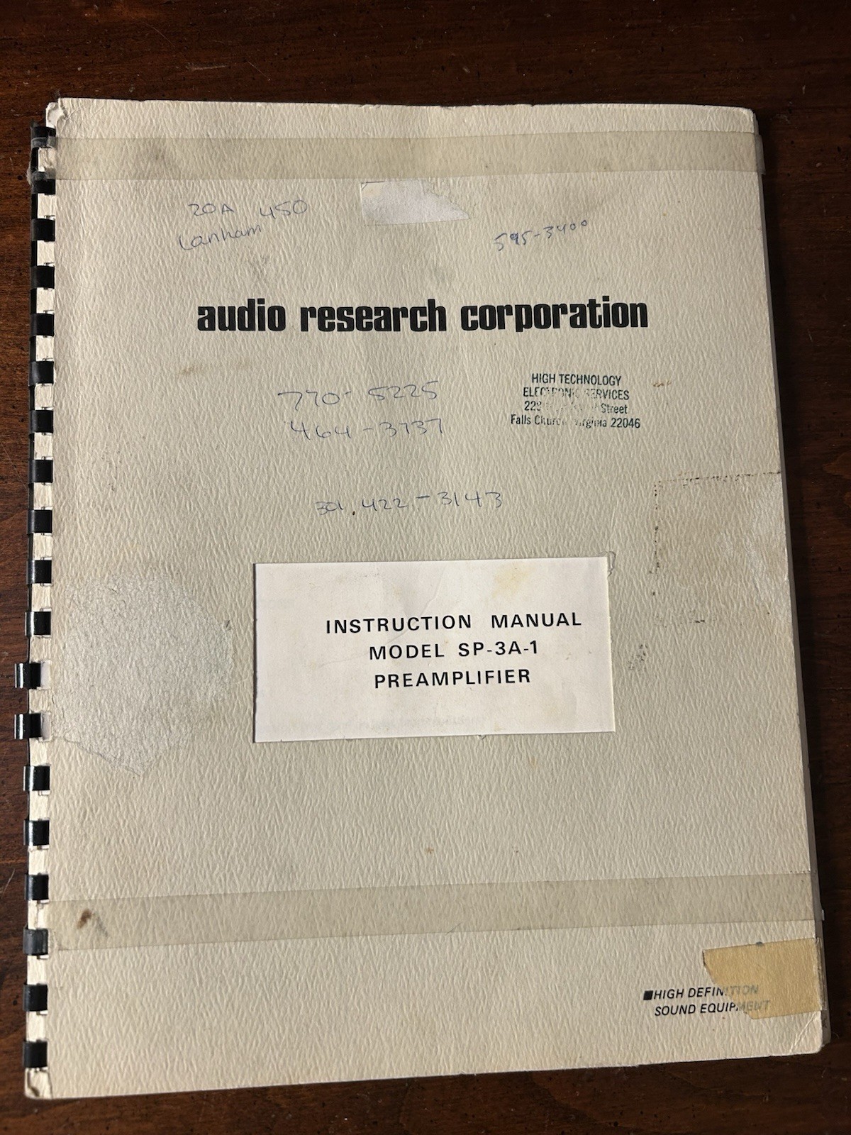 Audio Research Model SP-3A-1 Preamplifier Preamp Instruction Manual Original OEM