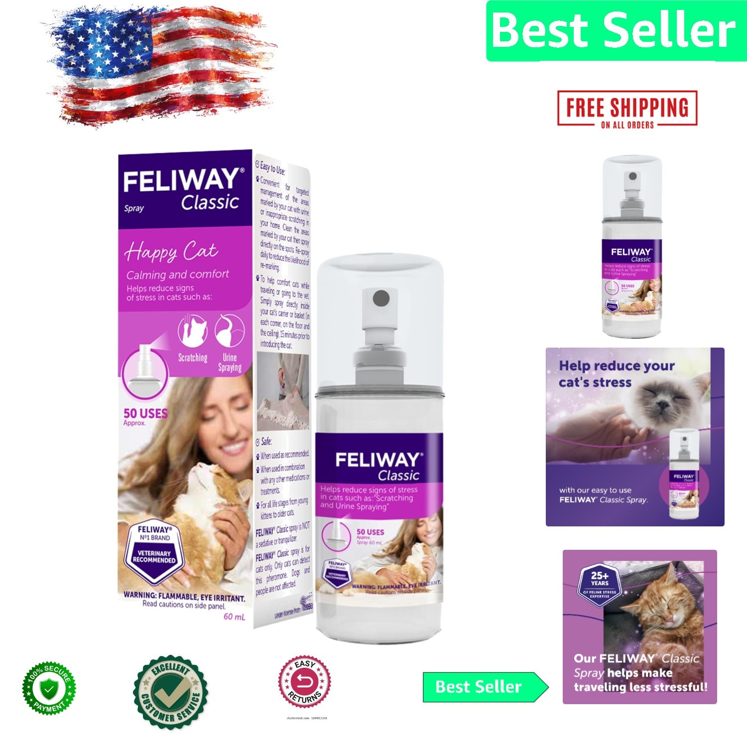 Classic Cat Calming Spray, 60ml - Travel Relief and Home Comfort for Cats