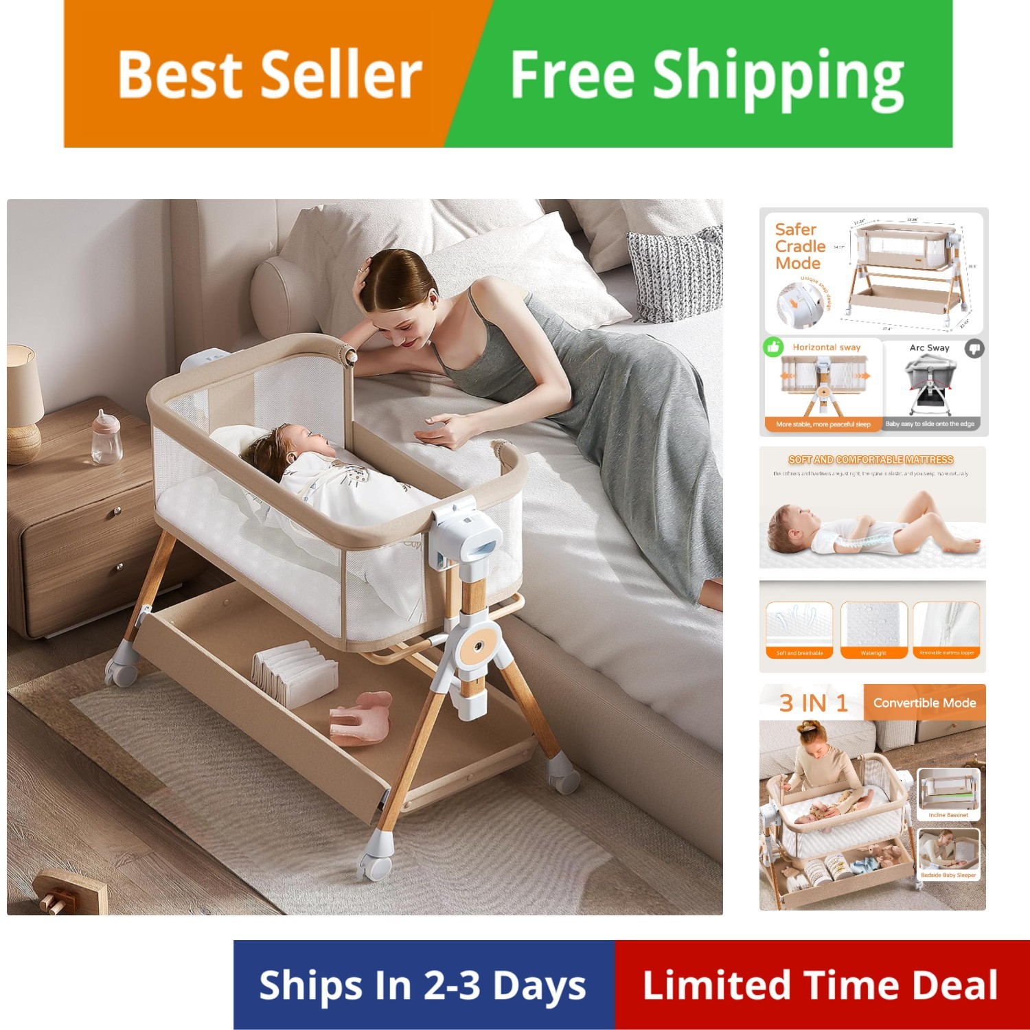 Baby Bassinet,Bedside Bassinet for baby, Rocking bassinet with Storage Basket...