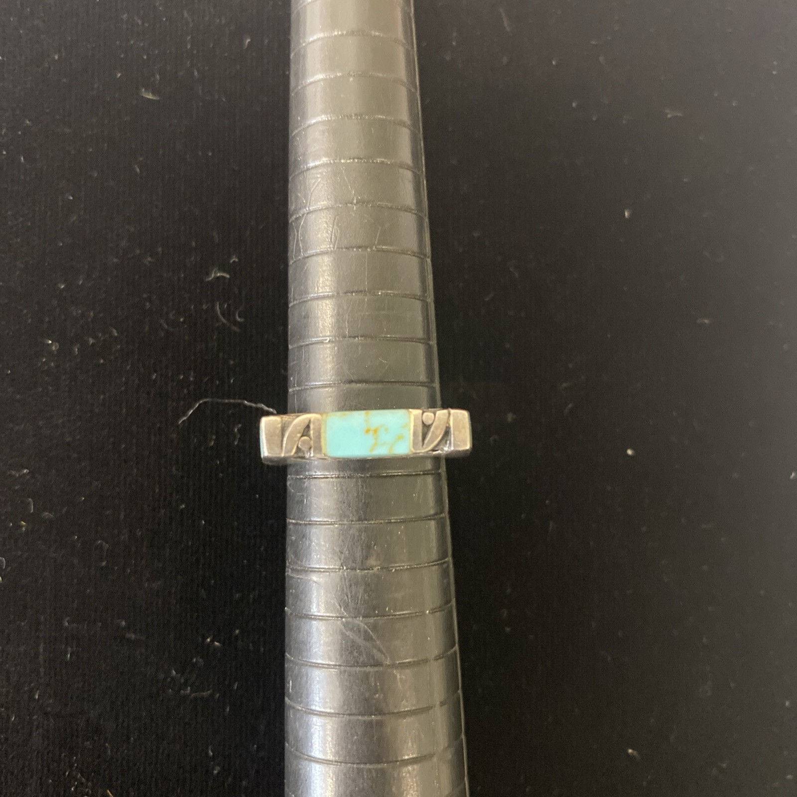 Unique Square 3 Stone Turquoise Sterling Ring Size 6.5 With Etching