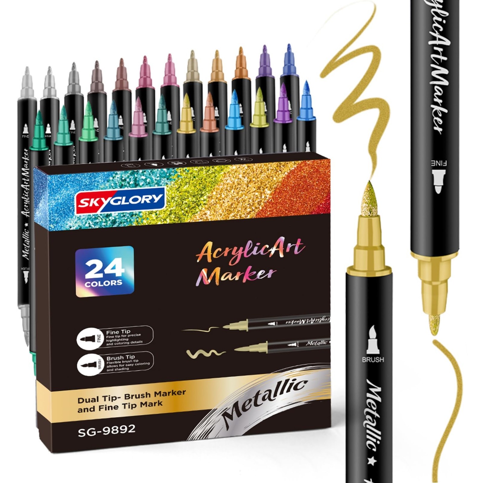 24 Color Dual Tip Metallic Acrylic Paint 1 Count (Pack of 24), Multi-color 