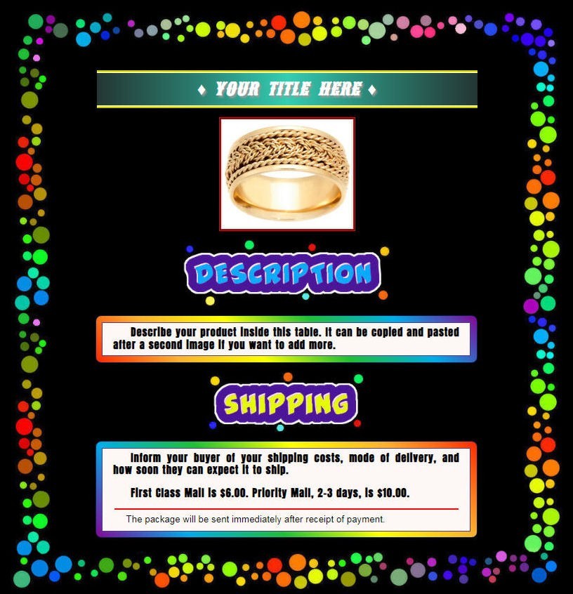 AUCTION TEMPLATE Colorful Dots Border Design on Black BG - FREE EMAIL SHIPPING