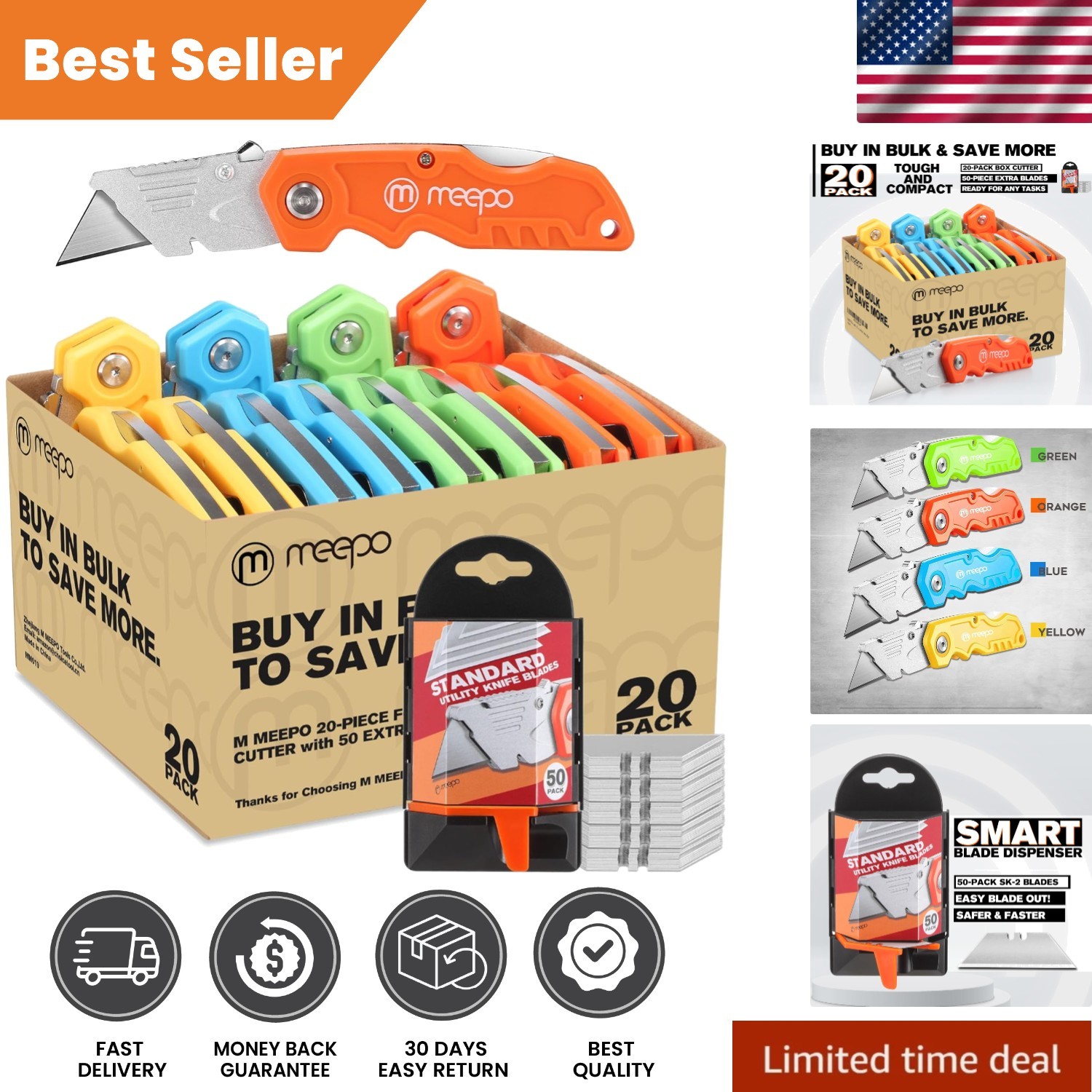 Essential Heavy Duty Box Cutter & Utility Knife Set - 20 Pack Plus Extra Blades