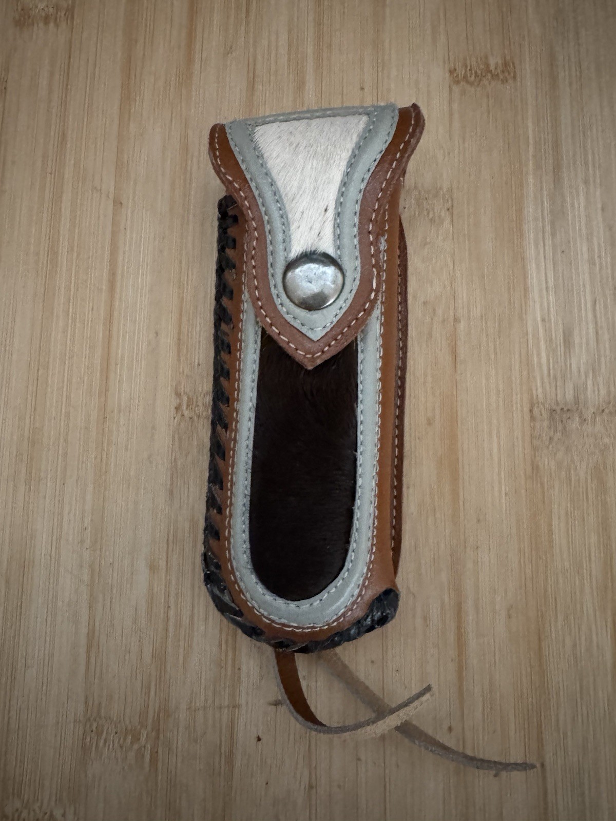 Custom Leather Hide On Hair Lock Blade ,Pocket Knife Sheath