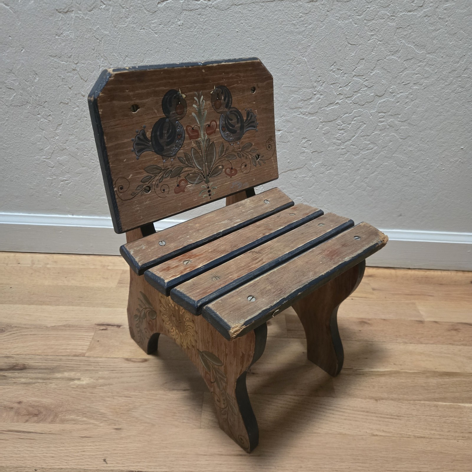 Vtg Childrens Chair Original Handmade Hand Painted Signed Kids Seat Birds Floral