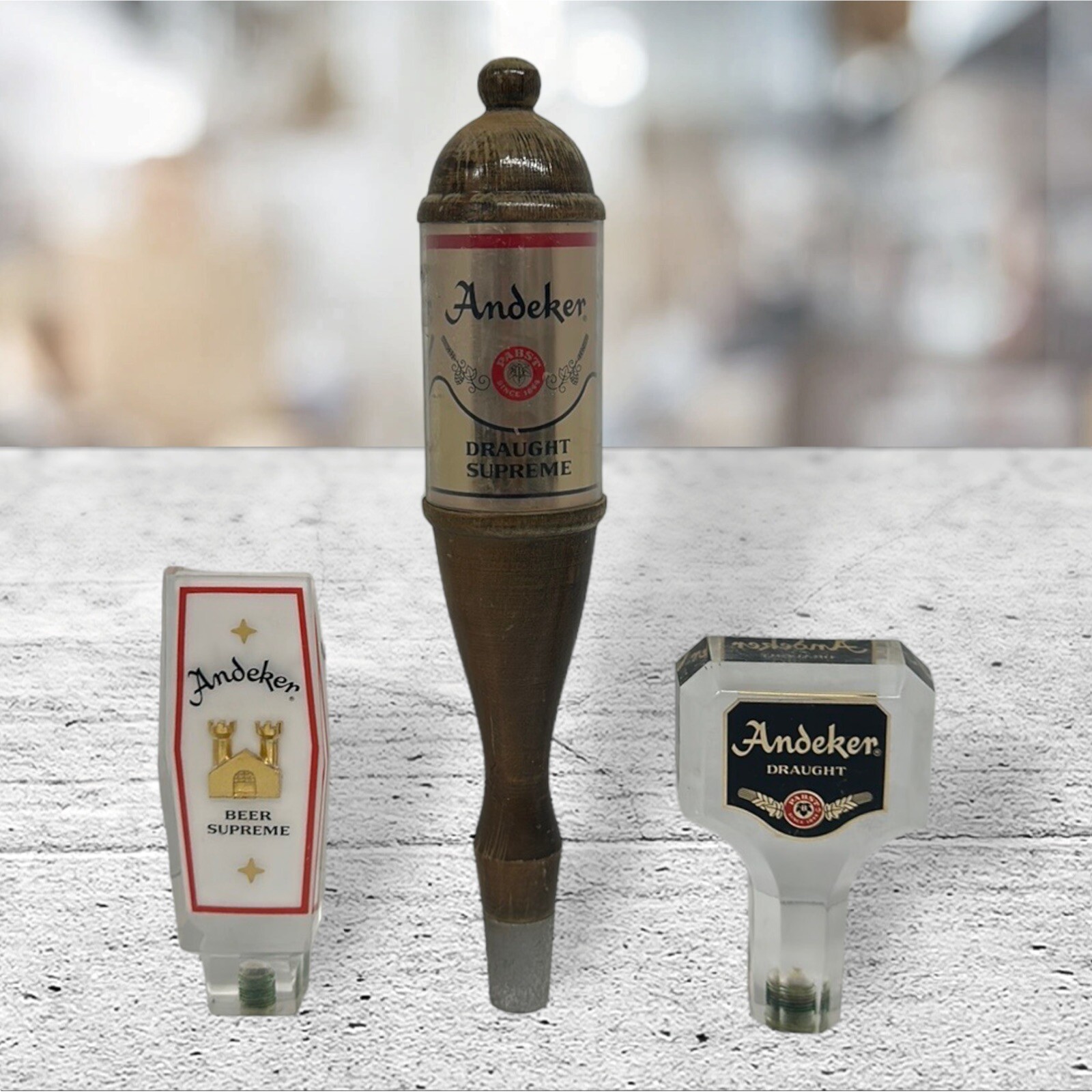 Three (3) Vintage Pabst Brewing Co. Andeker Draught Supreme Beer Tap Handles
