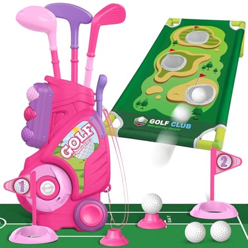  Toddler Golf Set for 2 3 4 Years Old Girls Boys, Upgraded Kids Golf Cart Pink