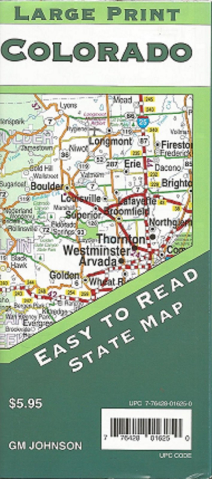 WyColorado Large Print Road Map by GM Johnson.