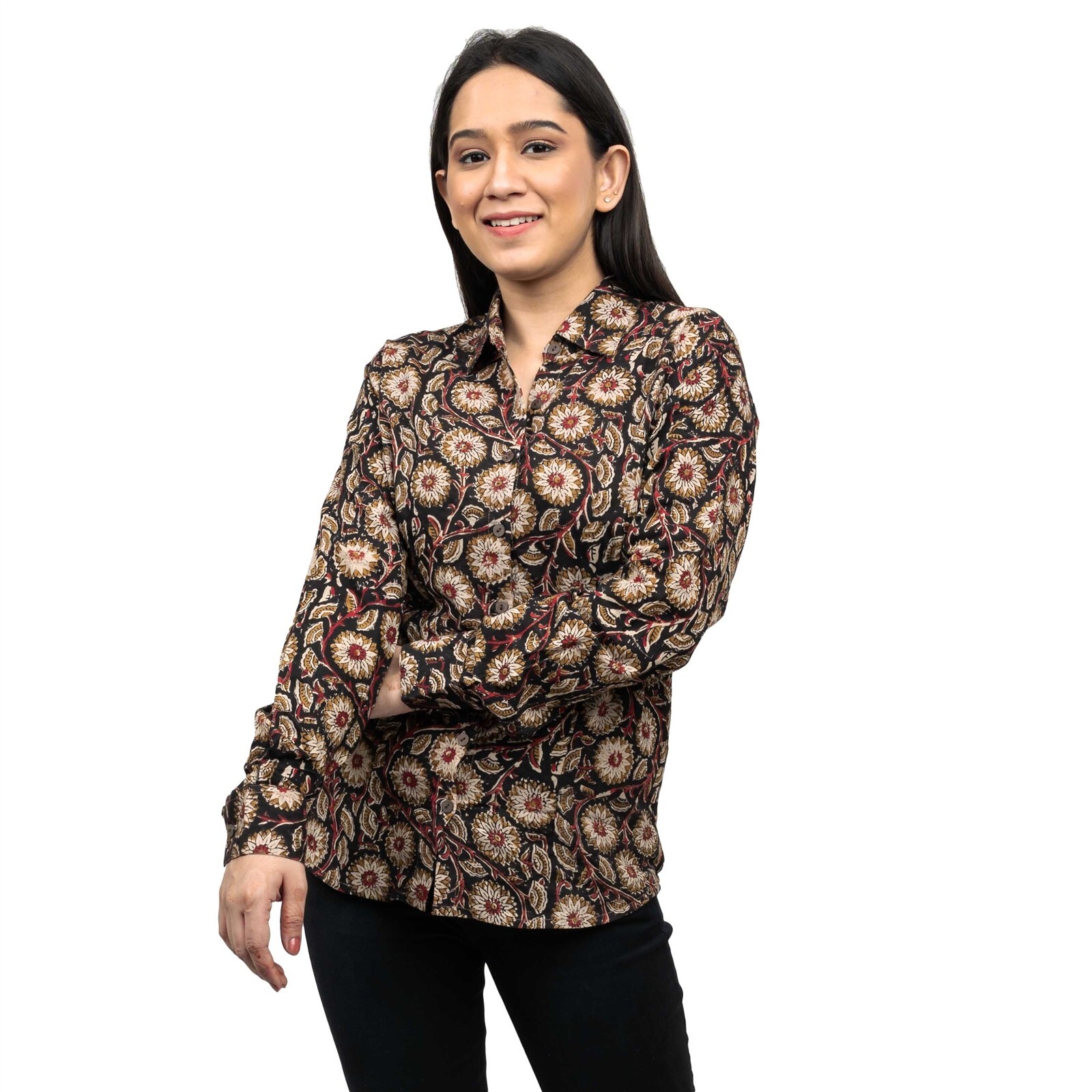 Sanskriti Pure Cotton Casual Handblock Printed Black Floral Full Sleeve Shirt