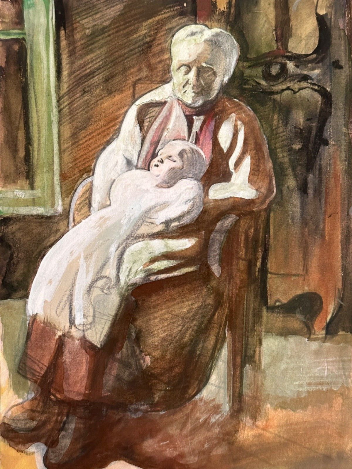 Ancien dessin portrait de femme et enfant intérieur Jean Terles Art Deco