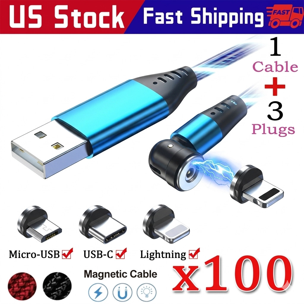 3-in-1 Magnetic Charging Cable 1M LED Glow Fast Charger Type-C Micro USB iPhone