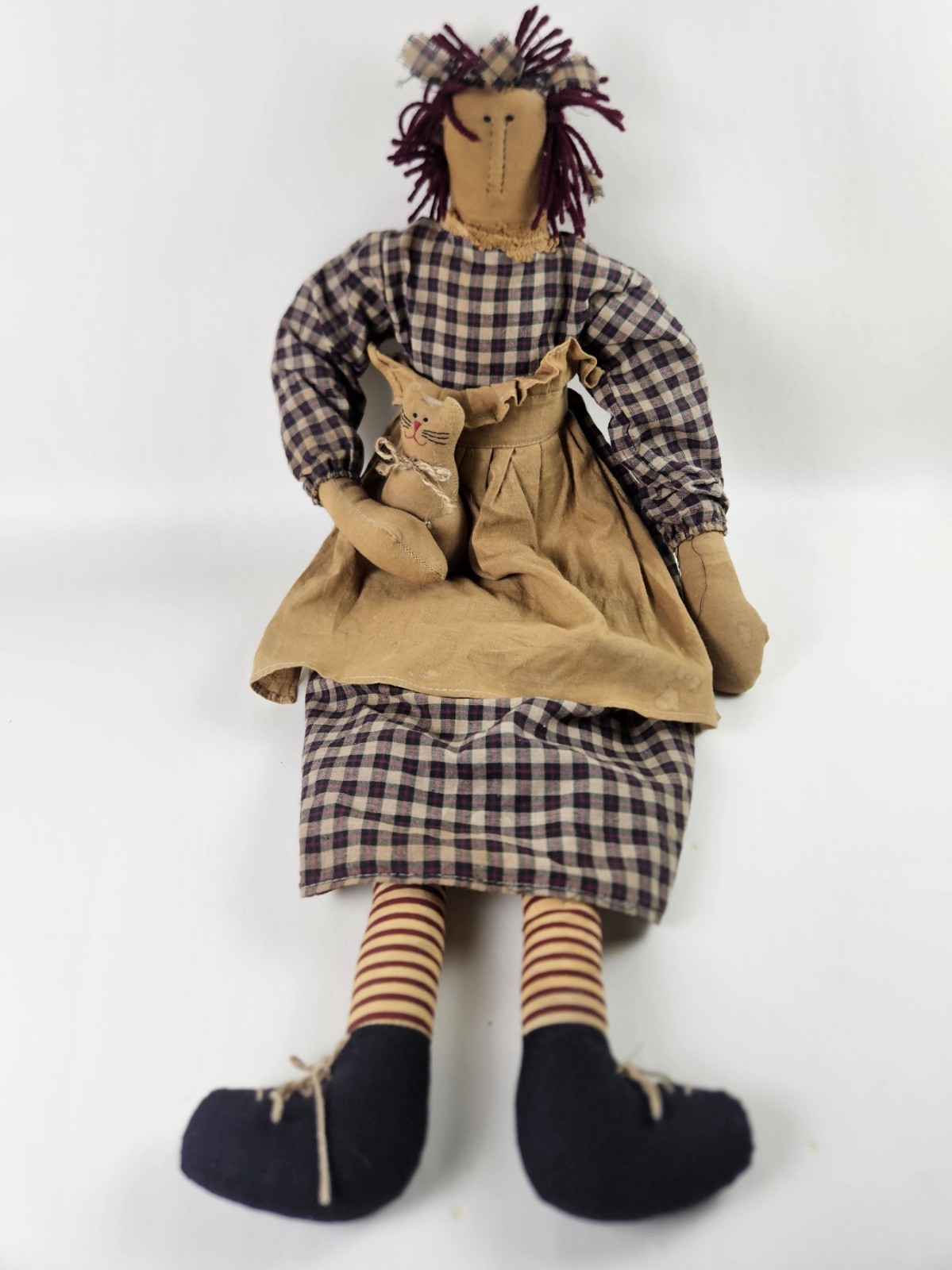 Primitive 26” Handcrafted Folk Art Rustic Rag Doll Raggedy Ann Holding Kitten