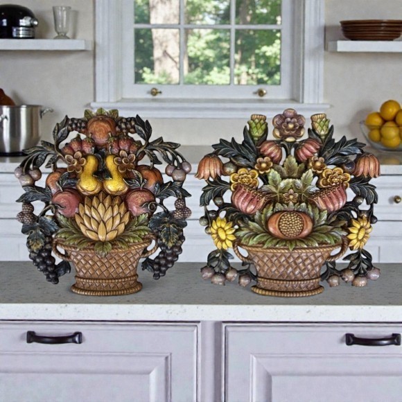 Vintage 1966 Syroco MCM Flower & Fruit Woven Baskets Flowers Wall Plaques USA x2