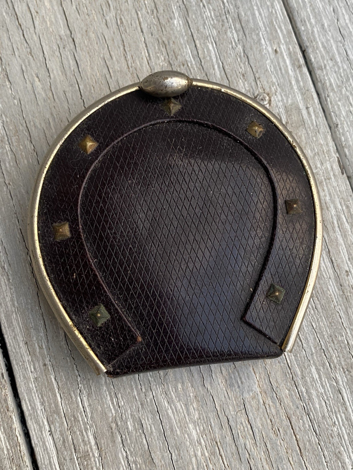 Vintage Leather Horseshoe compact powder holder with an integrated mirror#GLA