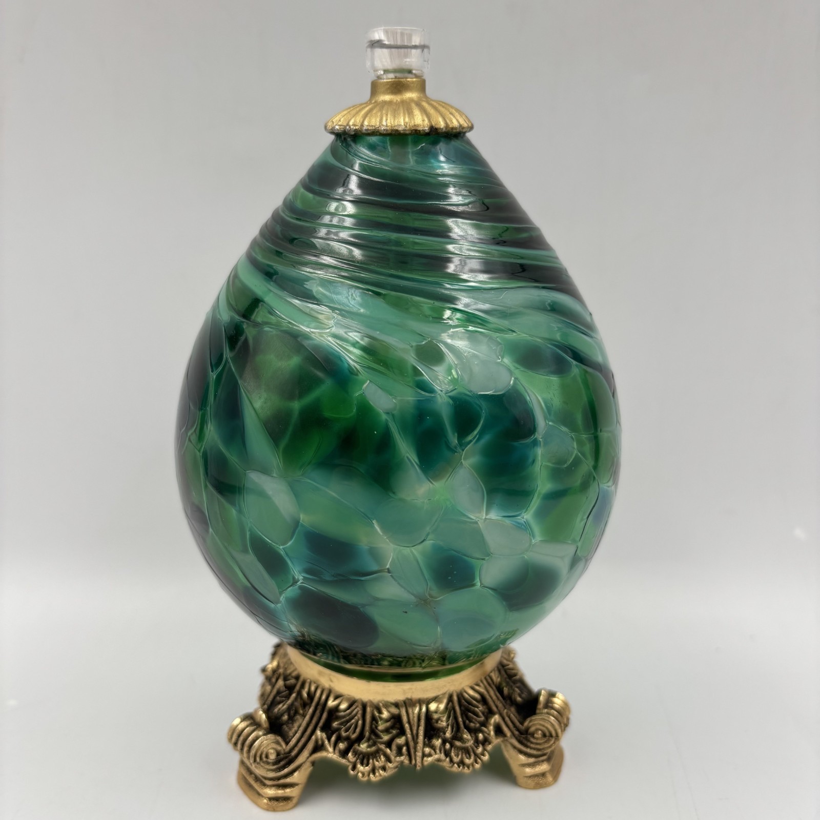 Vintage Hand Blown Art Glass Oil Lamp Diffuser Green Swirl w/Stand 5 1/2" Tall