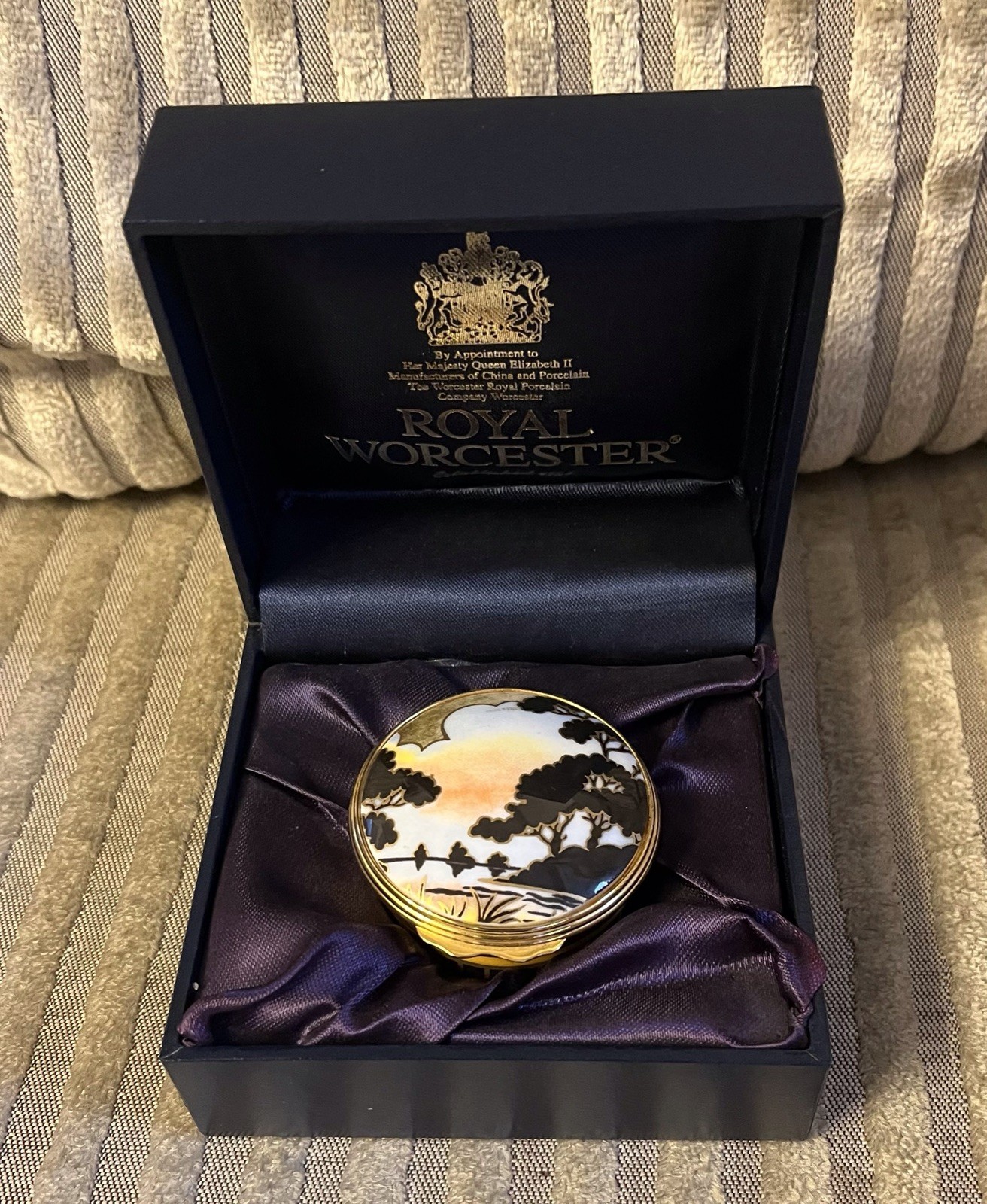 Royal Worcester Pill Trinket Box Morning River Pattern Vintage 1999 boxed 