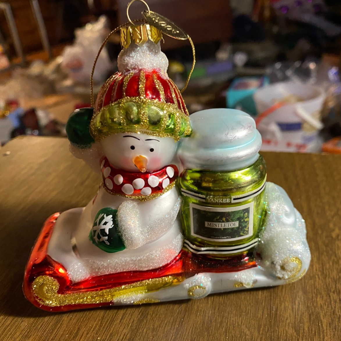 2004 Snowman w Yankee Candle Blown Glass Christmas Ornament 4 1/2"