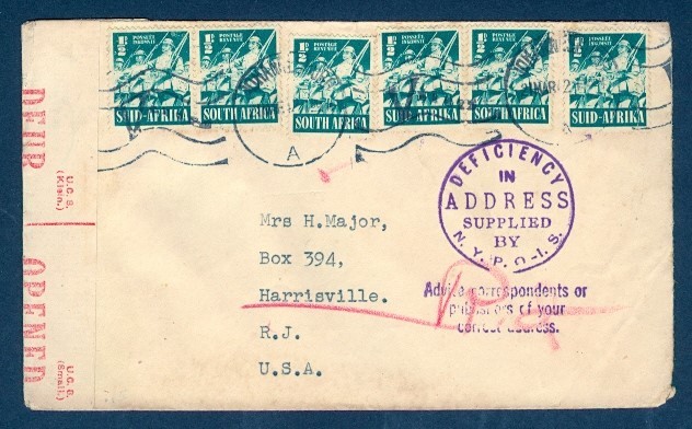 SOUTH AFRICA 1942 CENSOR ½D (6) REDIRECT TO USA