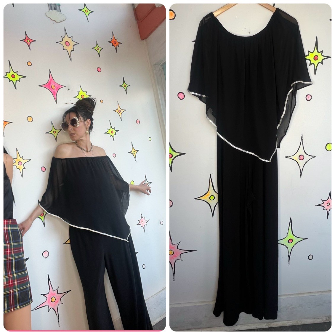 Vintage Y2K Black Off-Shoulder Rhinestone Jumpsuit | Disco Glam Party – XL