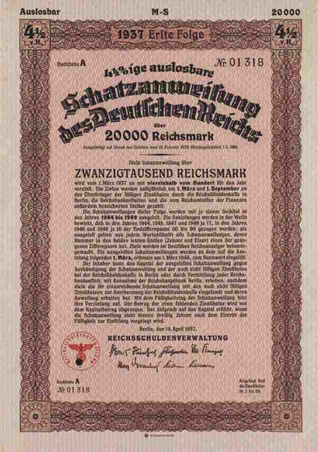 German Reich 4.5% Treasury Note 1937 Berlin Eagle 20,000 RM Schultzenstein