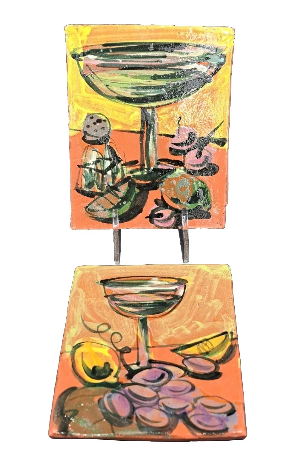 Vtg MCM Hand Painted Terracotta Wall Art Tiles Set Fruit Wine Martini RARE Uniqu