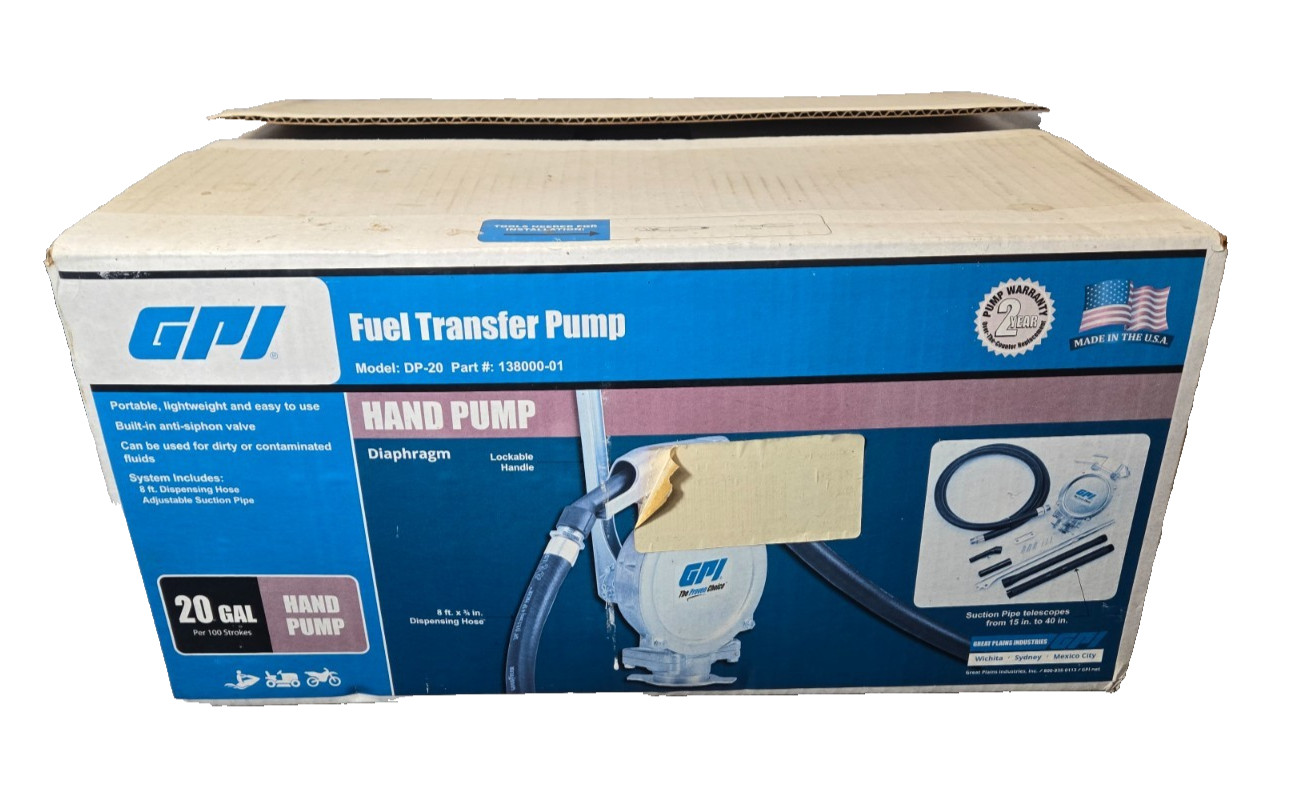 GPI Fuel Transfer Hand Pump - 20 Gal - Model: DP-20 - Part# 138000-01 - Open Box