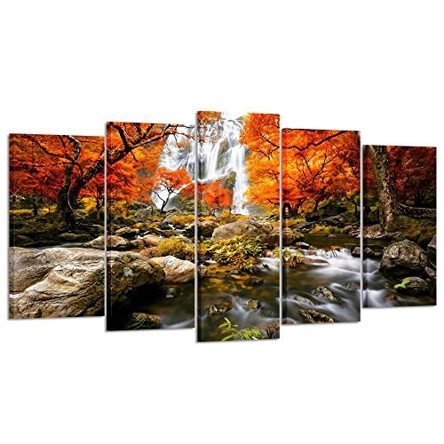  - Autumn Forest Waterfalls 5 Piece Modern Wrapped Giclee Large Size 60x32inch