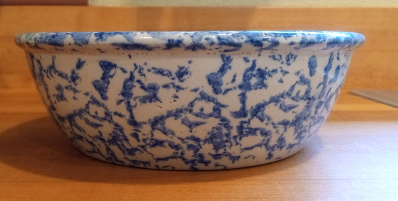 Shallow 8" Cobalt Blue & White Spongeware Bowl Stoneware VTG