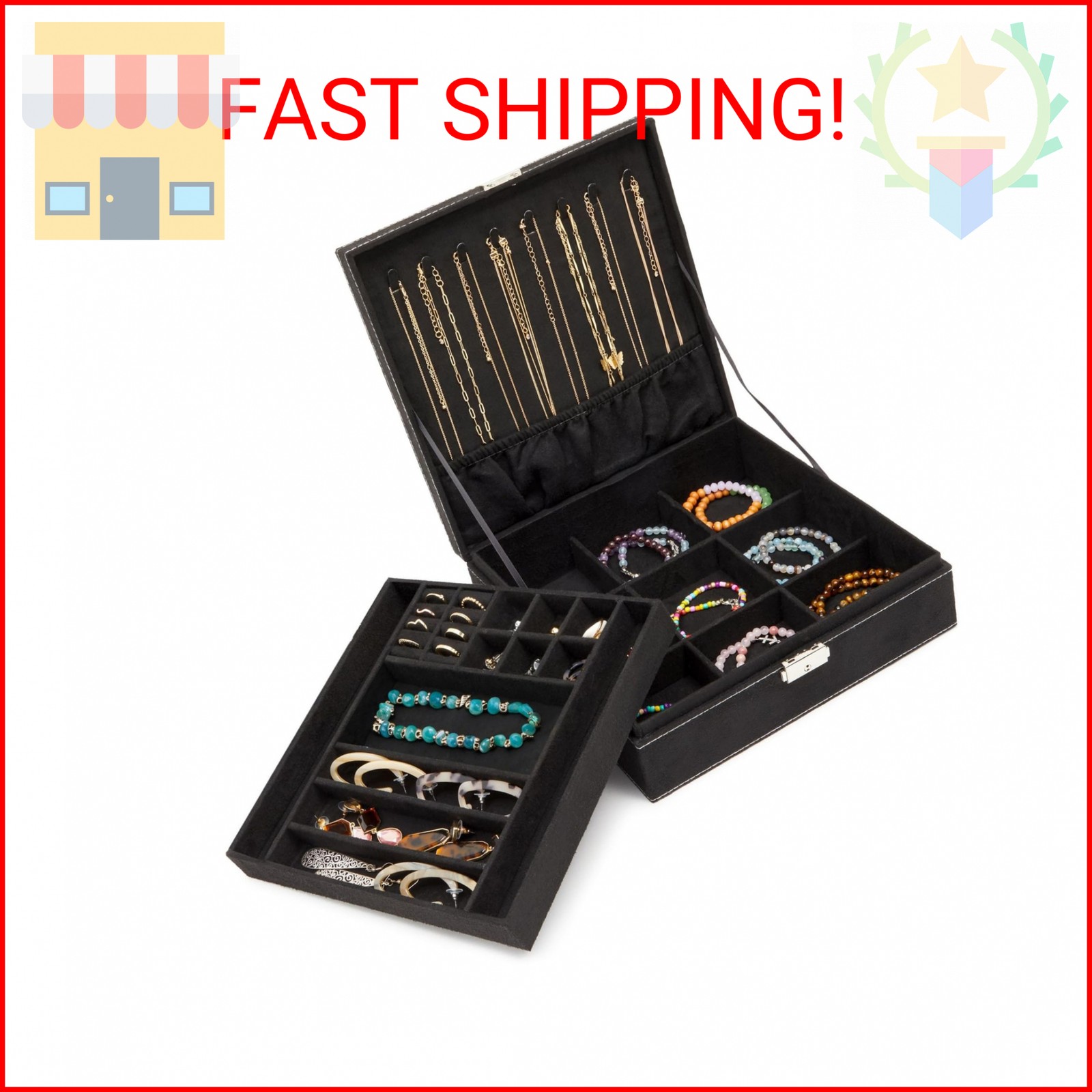 Juvale Jewelry Box for Men - 10.5 x 10.5 x 3.5 in, Black Velvet - Locking 2-Laye