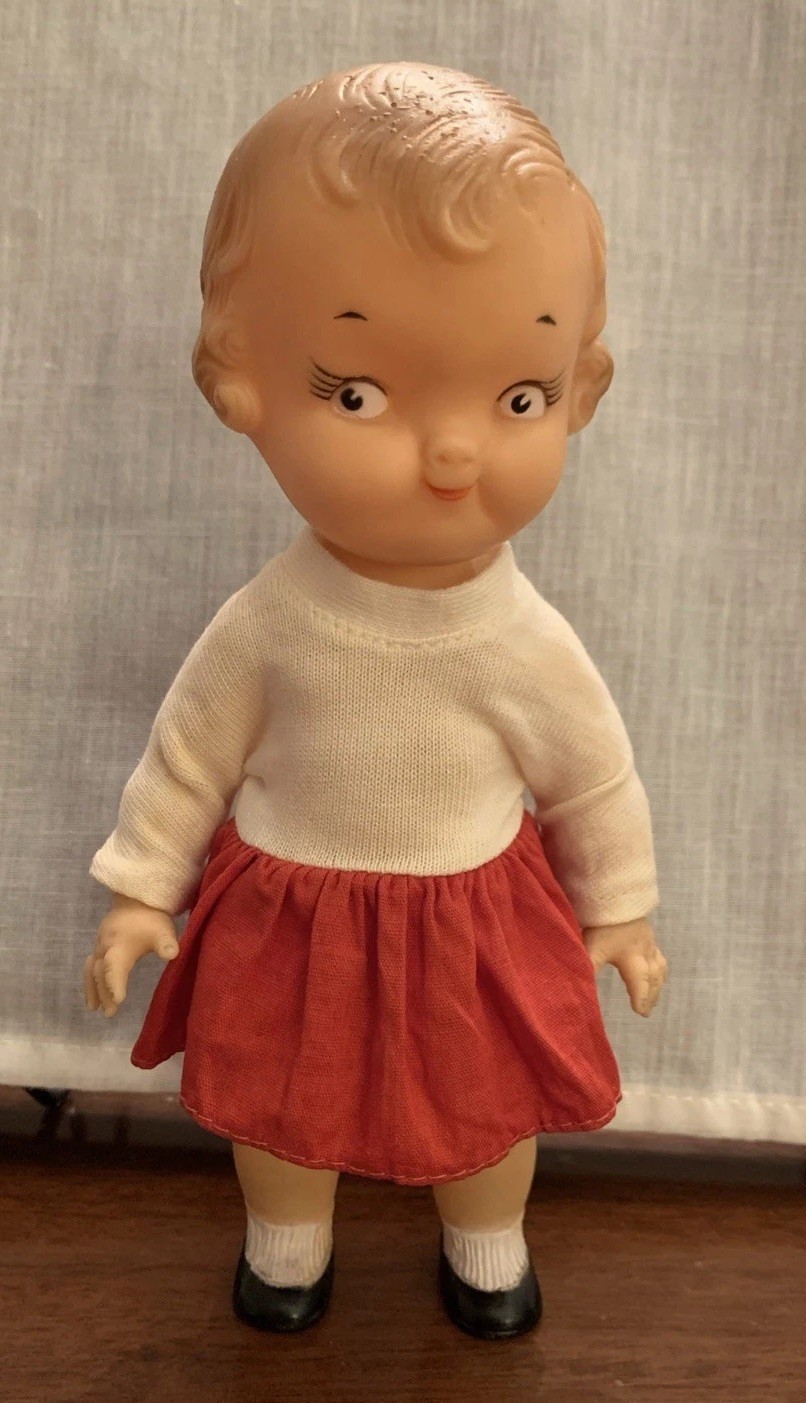 Vintage 8” Rubber Campbell Kid Doll~ Dressed In Red & White Dress~ IDEAL TOY COR