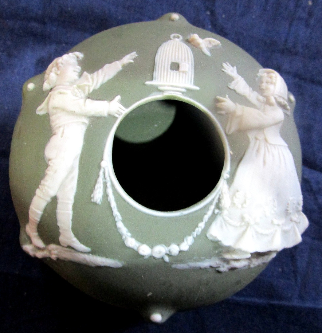 Jasperware Green Hair Receiver Wedgewood Germany Circa 1930s Boy Girl Birdcage
