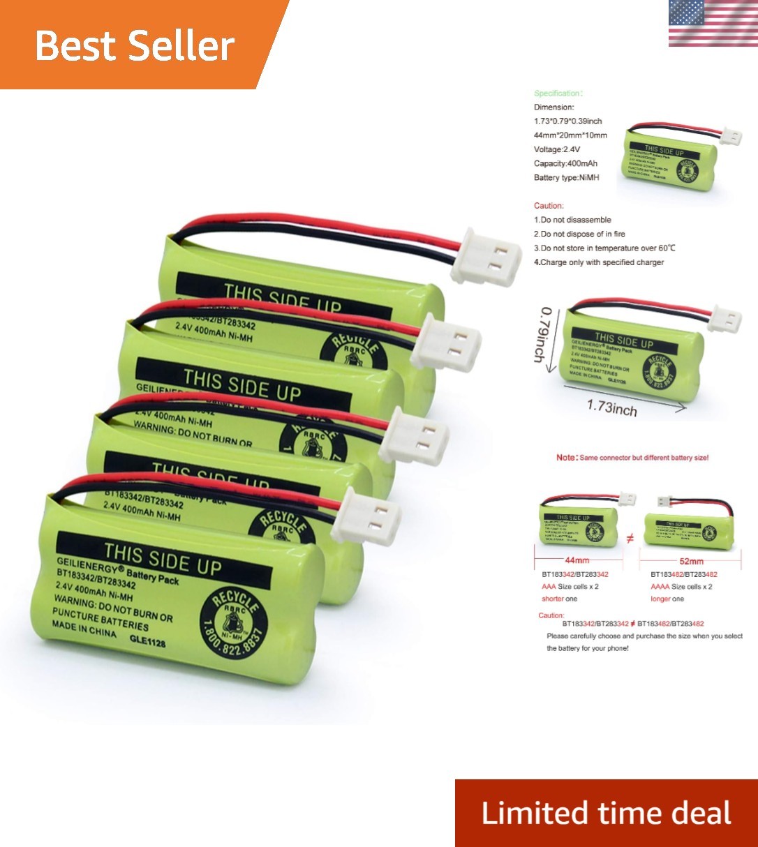 Reliable 4-Pack Rechargeable Battery BT162342 Compatibles for Cordless Phones