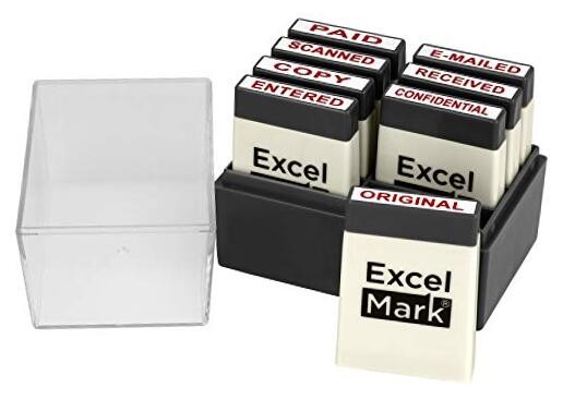  Mini Office Message Rubber Stamp Set - Red Ink - Storage Tray Included 