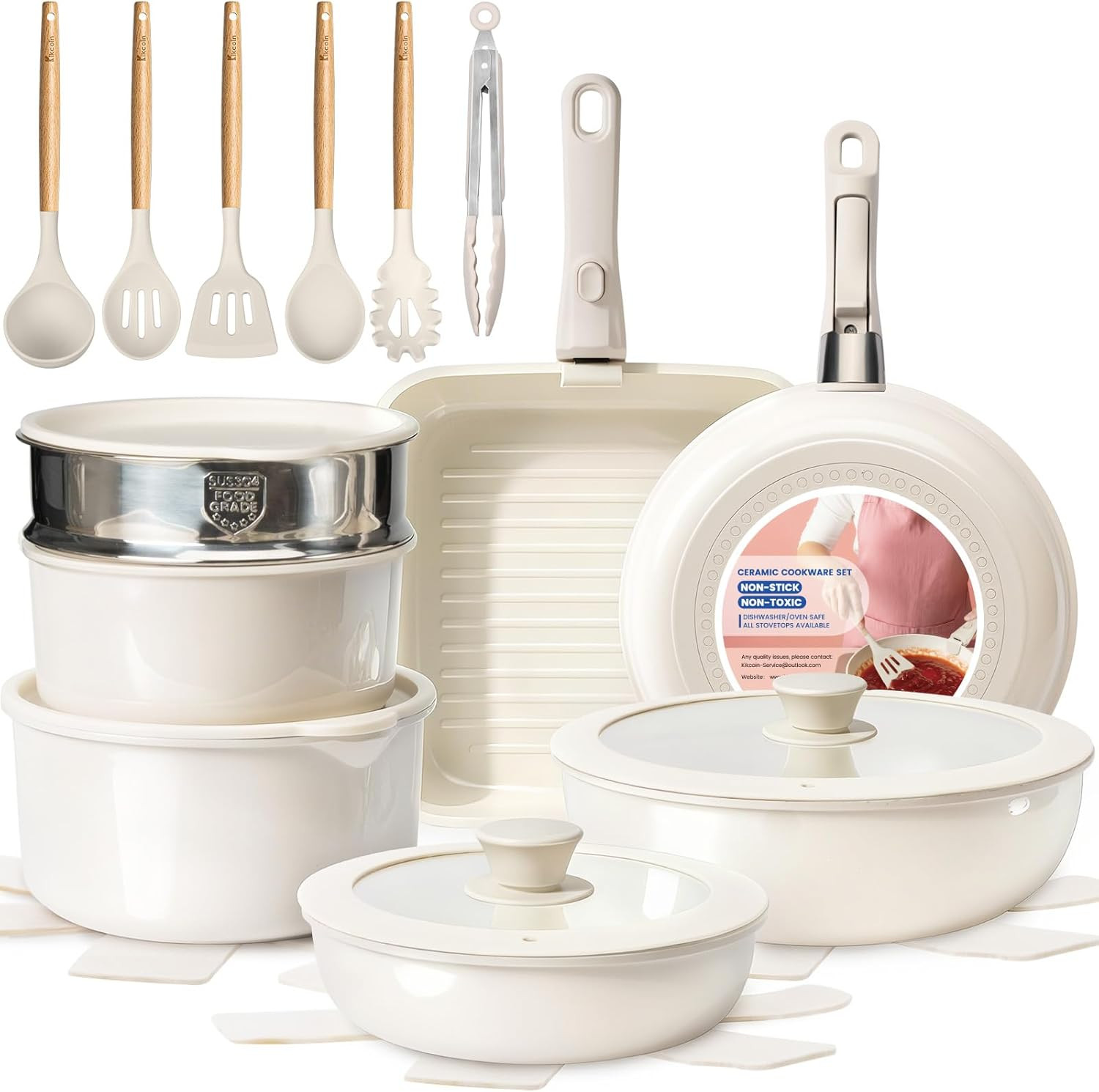 Ceramic Cookware Set Non Stick Pots and Pans Set Detachable Handle - 25 Pack Sta