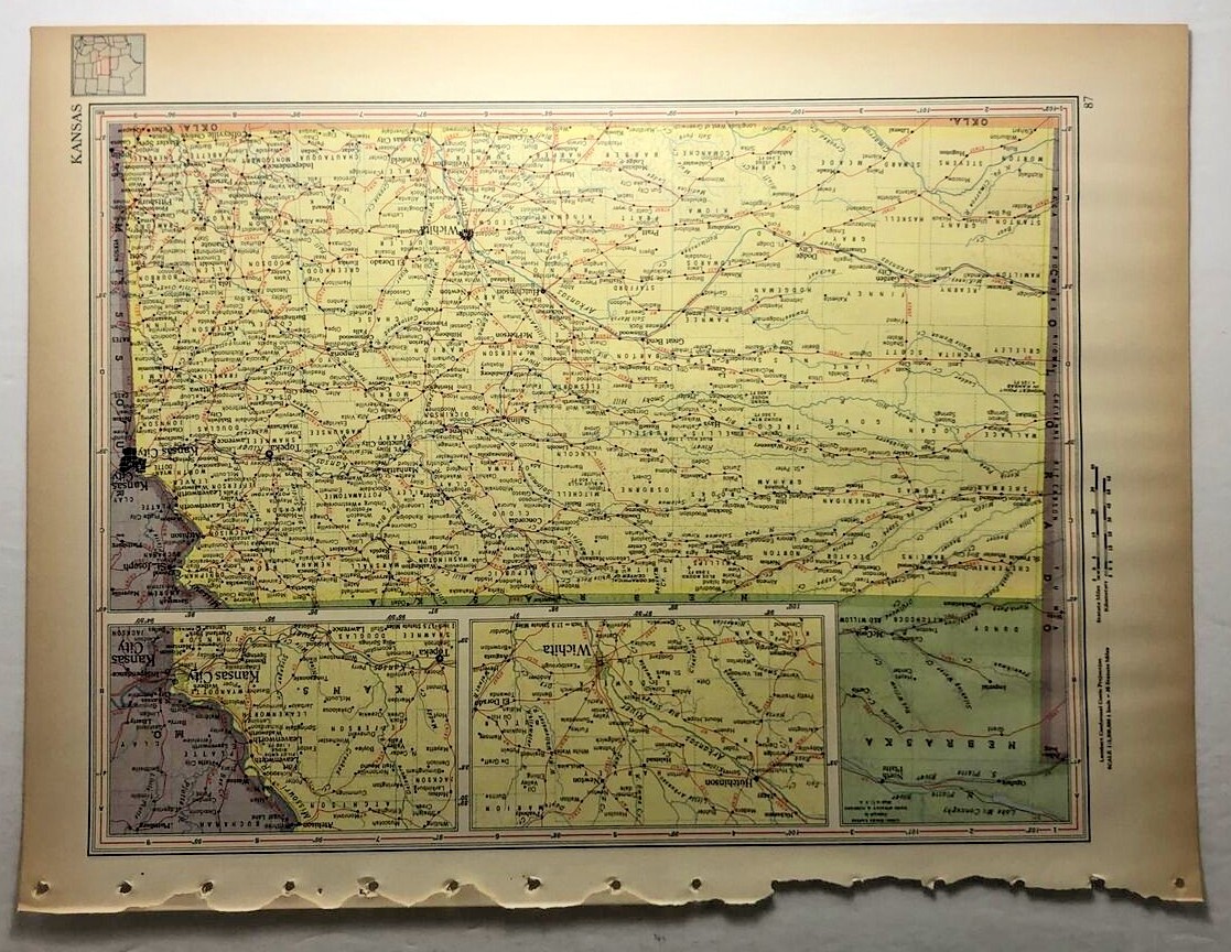 1952 Vintage KANSAS Antique Atlas Map - Encyclopedia Britannica World Atlas