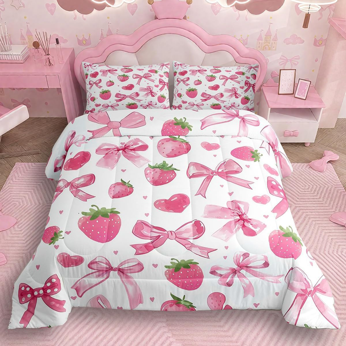 Watercolor Bow Bedding Set Full Size Strawberry Duvet Set for Boys Girls Teens D