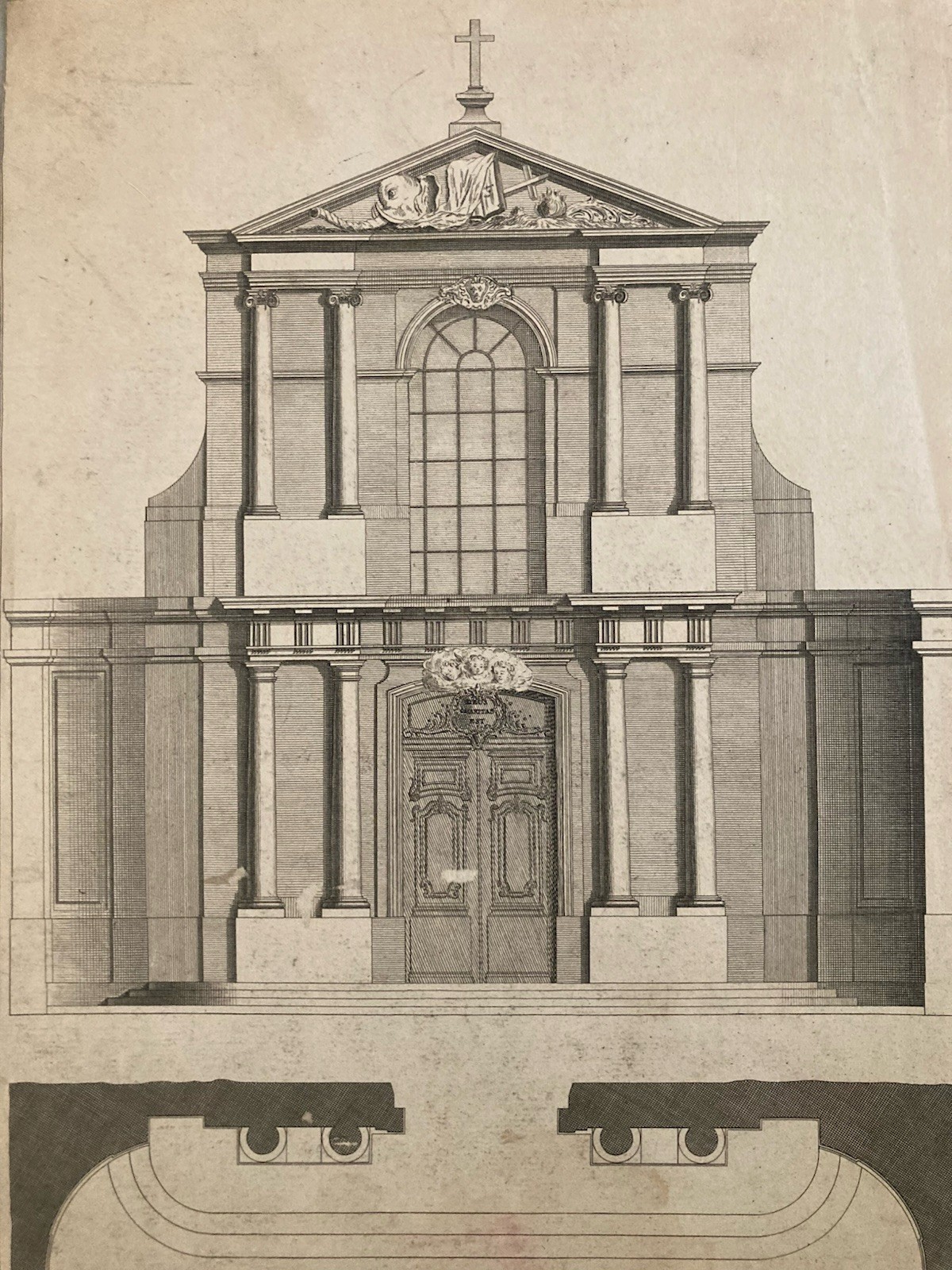 Beautiful Engraving Architecture, Plan, Elevation, Church Of Charity Antique Art