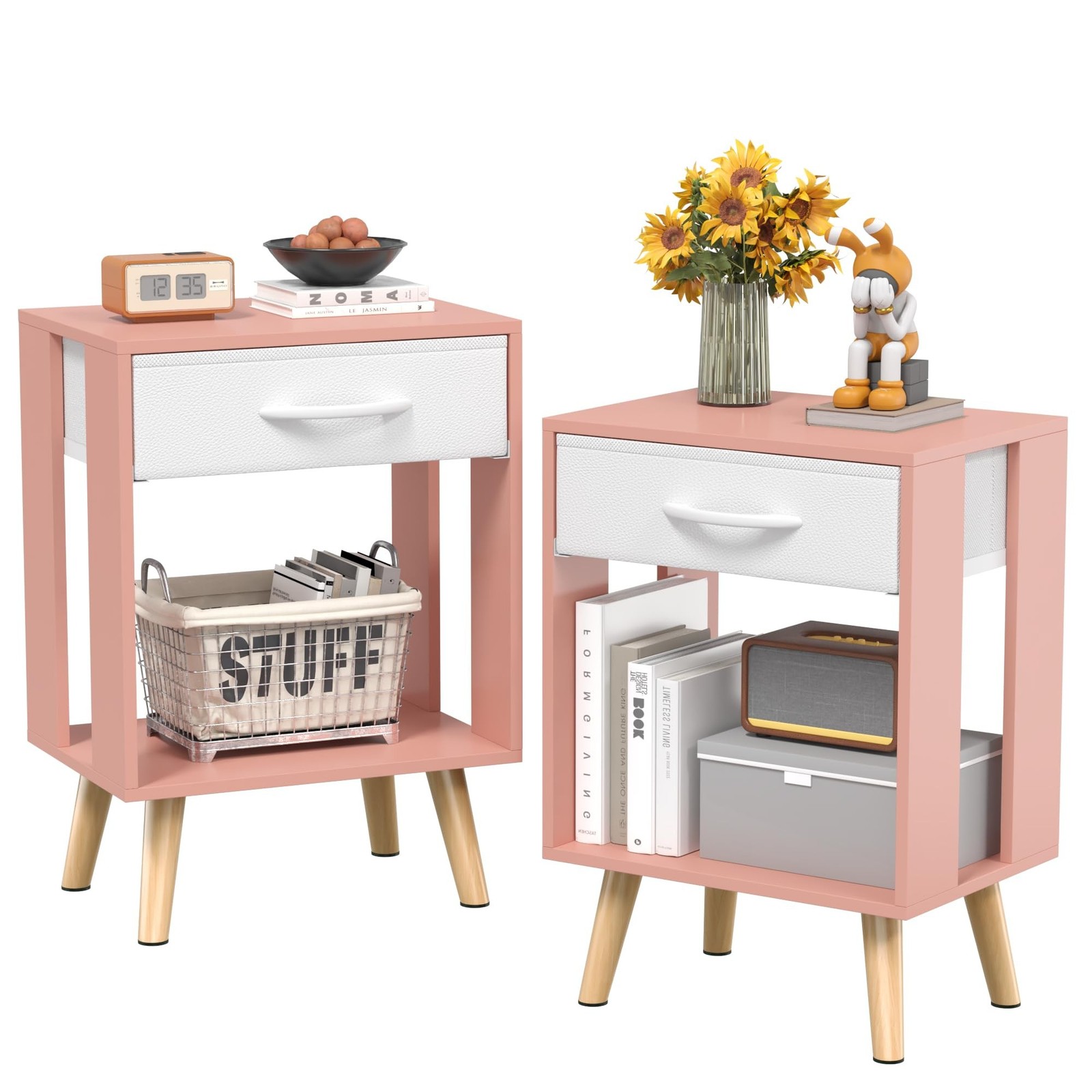 GYIIYUO Nightstands Set of 2 with Fabric Storage Drawer and Open Wood Shelf, ...