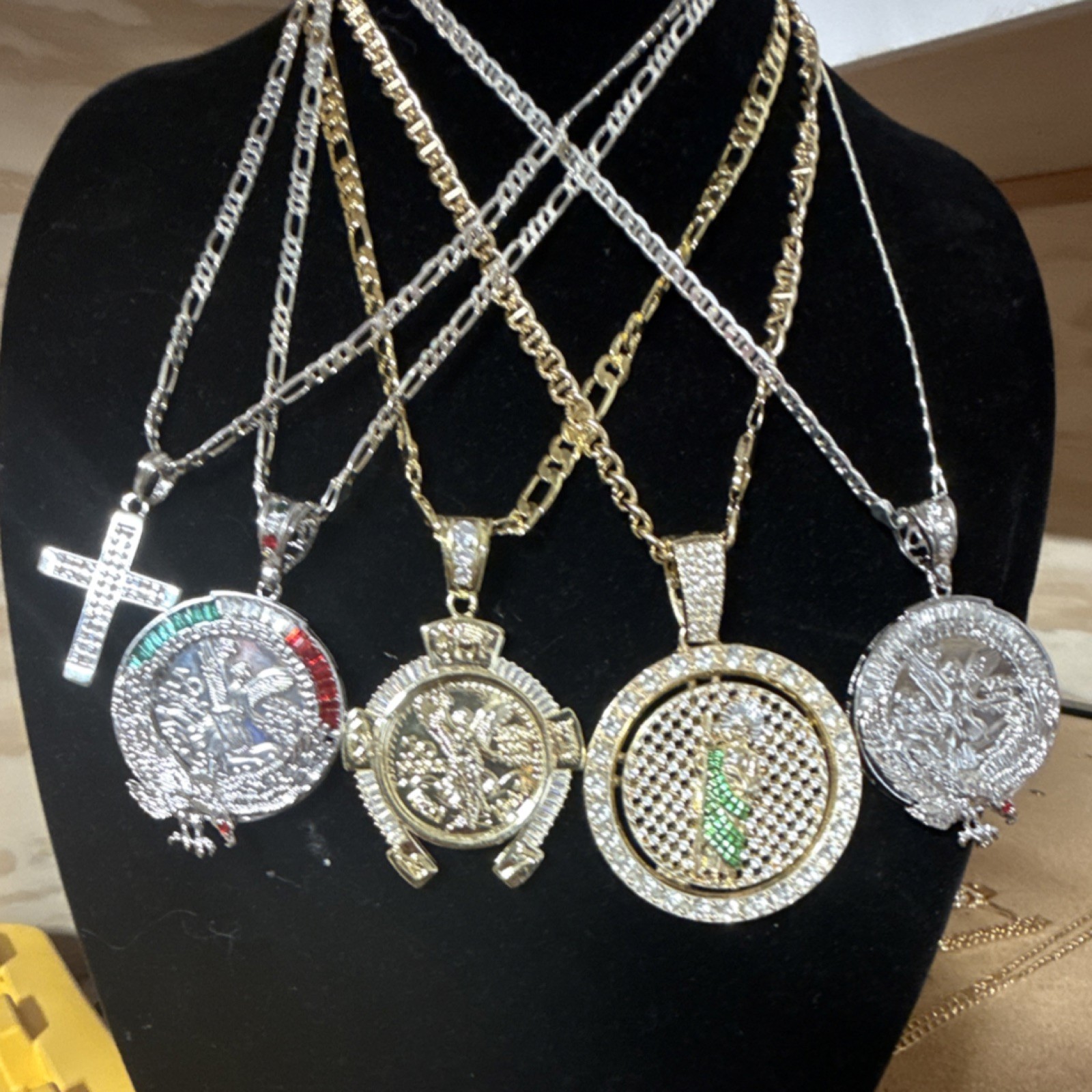 5 Mixed Pendant Necklaces Lot, Gold & Silver Tone, Metal Rhinestone Cross