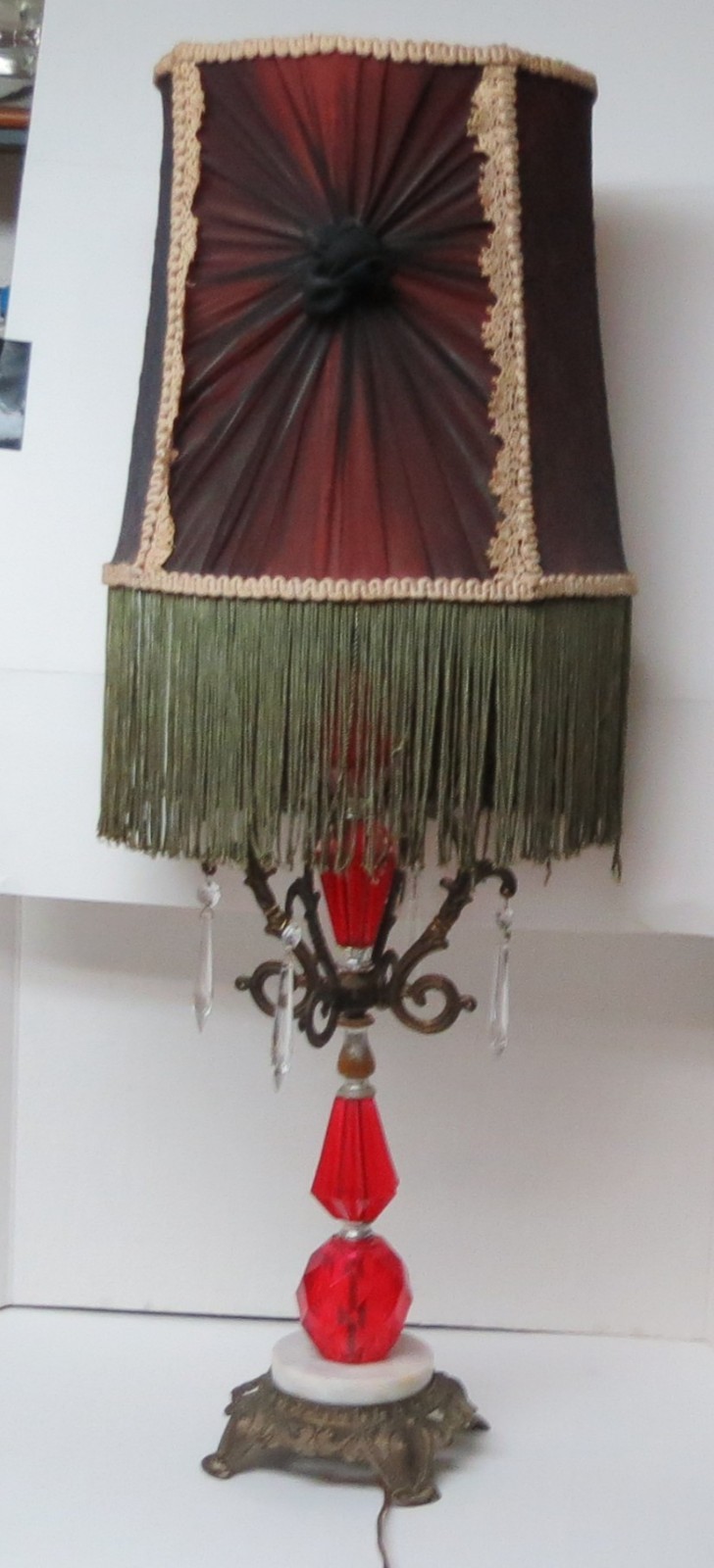 Vintage Red Hollywood Regency Lamp Crystals Gold Marble Punch Pleat Shade