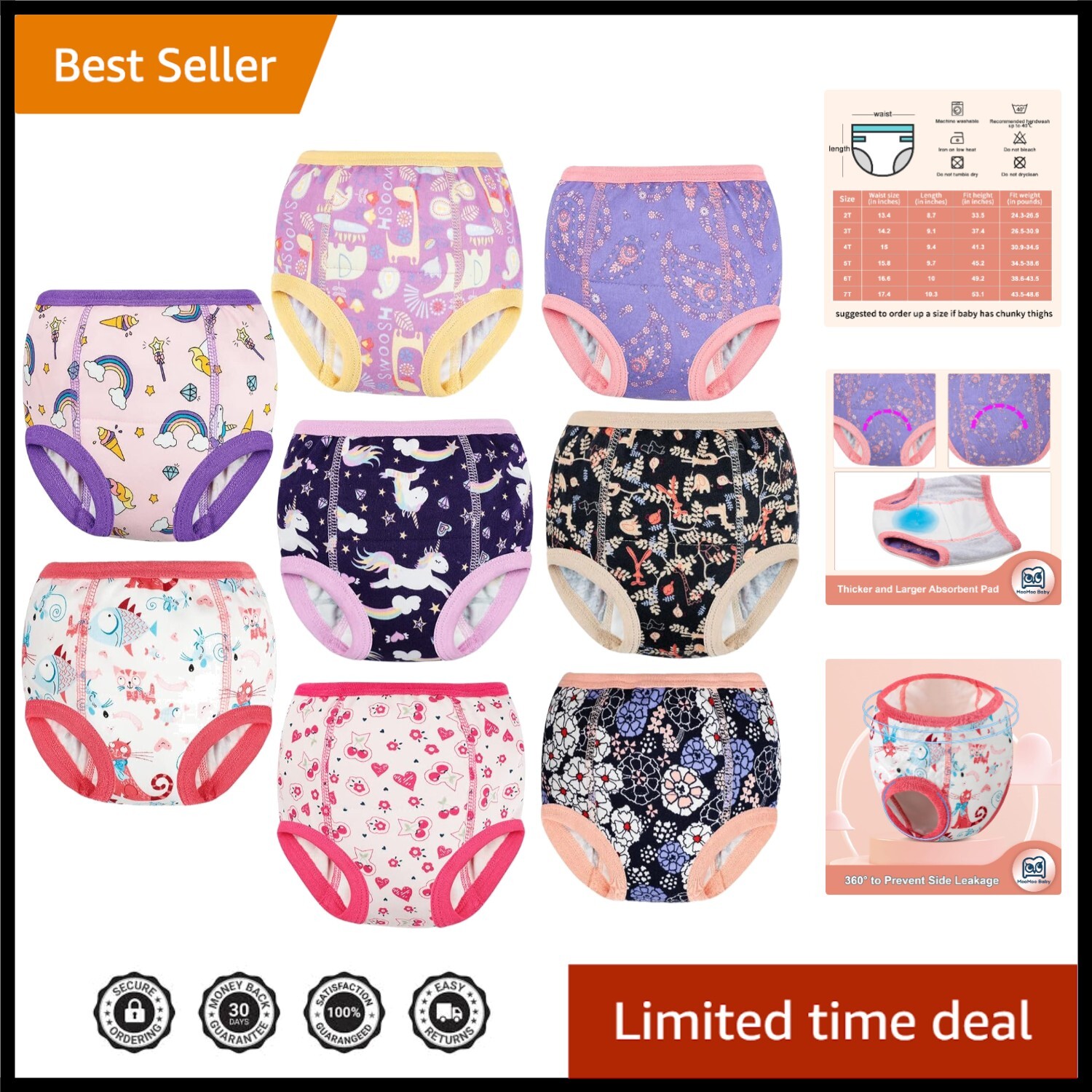 Comfy 8-Pack Potty Training Pants with 6-Layer Absorption - Toddler Sizes 2-9