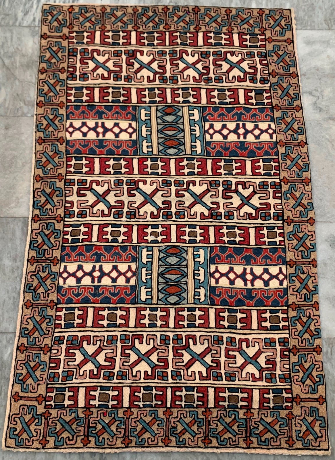 Vintage Handmade Aubusson Rug: French Chain Stitch, Wool Carpet 2x4 ft