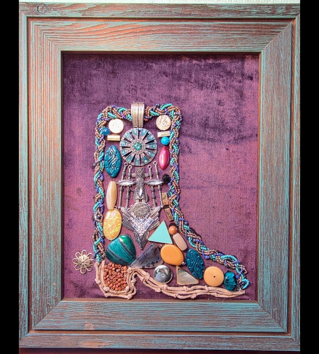 Handmade Jeweled Cowboy Boot Art Jewelry Mosaic Framed Western Decor 13.25" Vtg