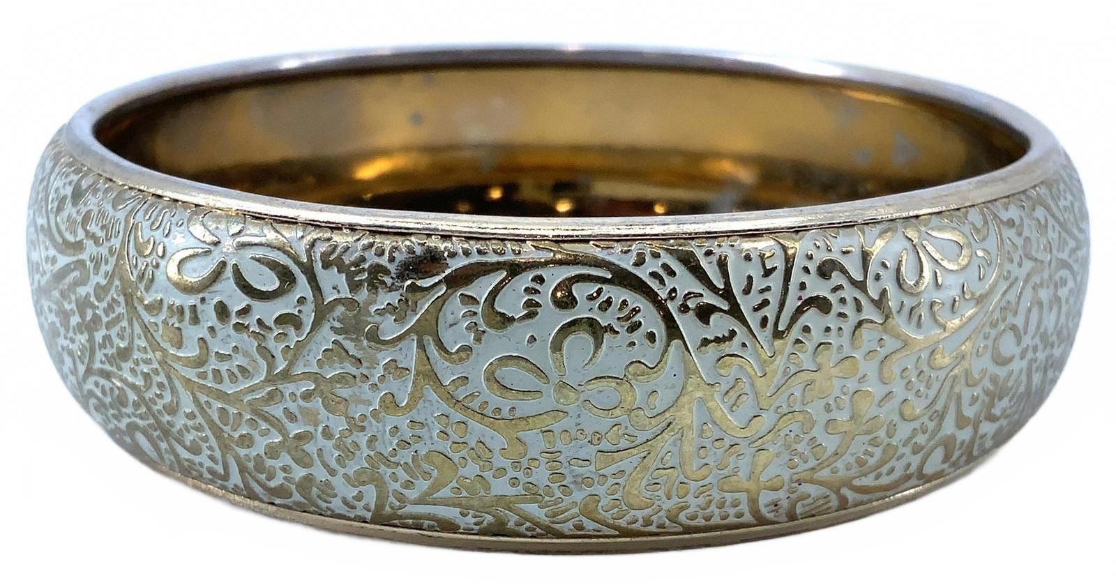 Vintage Goldtone Enamel Etched Bangle Cream Floral Damask Boho Stacking Bracelet