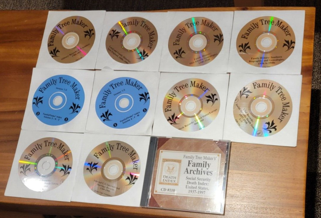 11 Family Tree Maker, CD's- Military,Family,Southern,Birth,SS,Marriage+