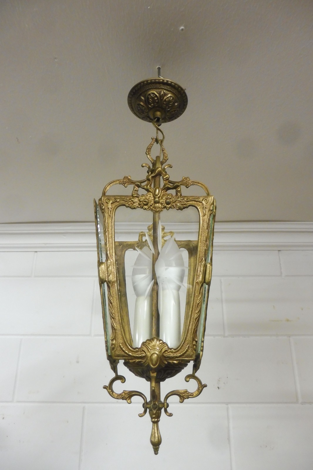 Antique French Casted brass lantern chandelier hanging lamp