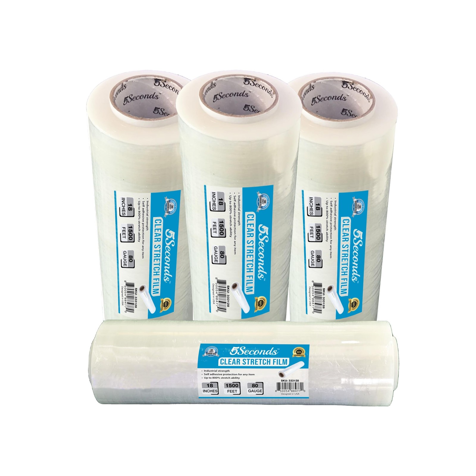 5Seconds 18" x 1500 Ft Stretch Film/Wrap (4 Rolls) – 7-Layer 80 Gauge Indu
