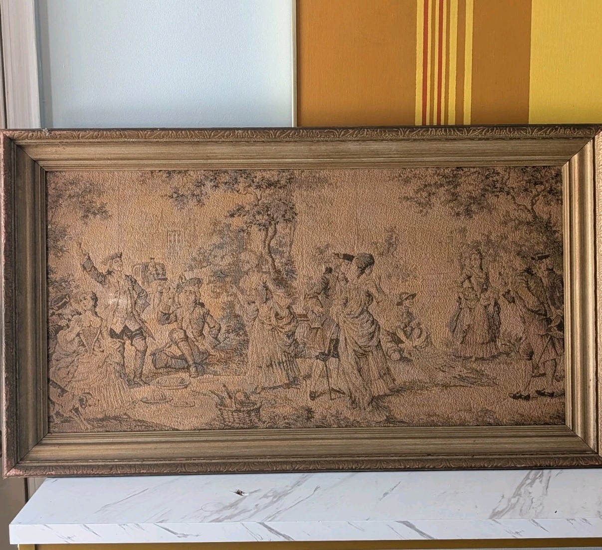Antique Machine Woven French Tapestry Gold Gilt Framed Gallant Scene